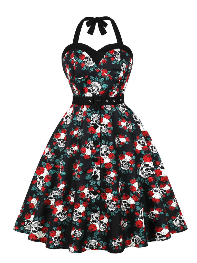 Schwarz 1950er Halloween Schädel Rosen Halter Kleid