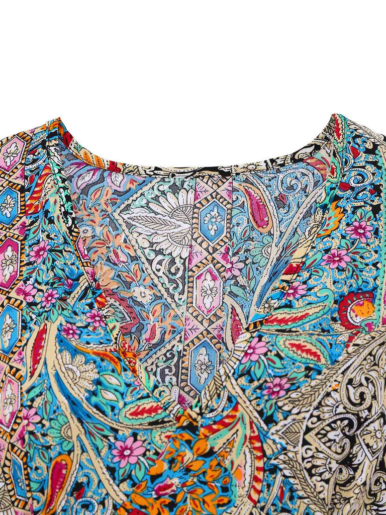 Multicolor 1970er Bohemien Paisley Blumen Glockenärmel Kleid
