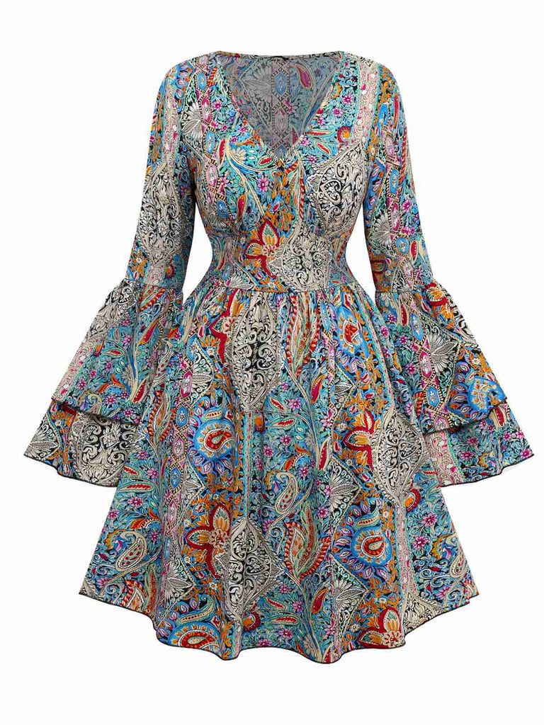 Multicolor 1970er Bohemien Paisley Blumen Glockenärmel Kleid
