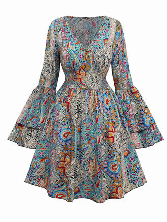 Multicolor 1970er Bohemien Paisley Blumen Glockenärmel Kleid