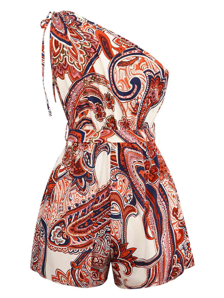 Rot 1970er Eine Schulter Bohemien Blumen Romper