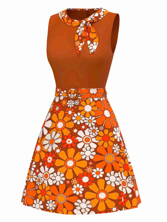 Orange 1960er Boho Psychedelisch Blumen Gürtel Kleid
