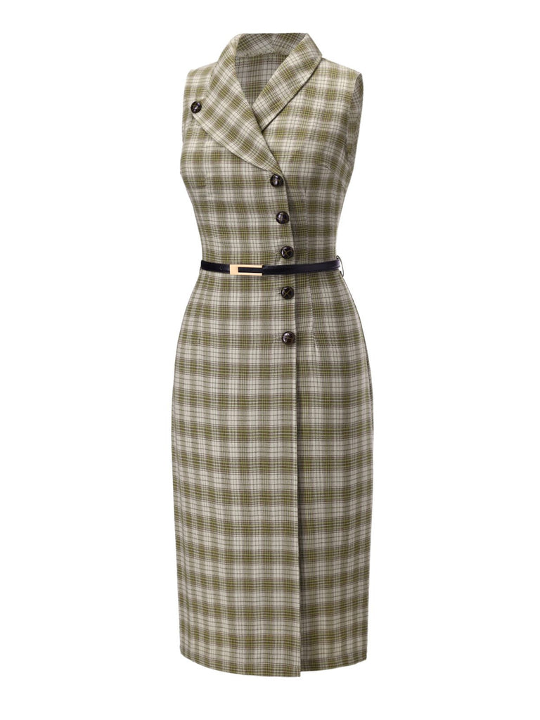Erbsengrün 1960er Revers Geknöpft Tartan Kleid