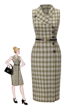 Erbsengrün 1960er Revers Geknöpft Tartan Kleid