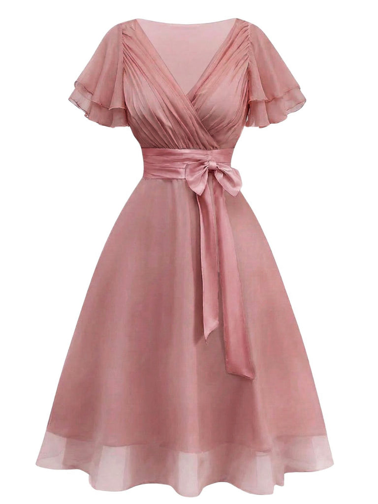[Vorverkauf] Rosa 50er Cocktailkleid aus Tüll mit Satingürtel