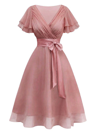 [Vorverkauf] Rosa 50er Cocktailkleid aus Tüll mit Satingürtel