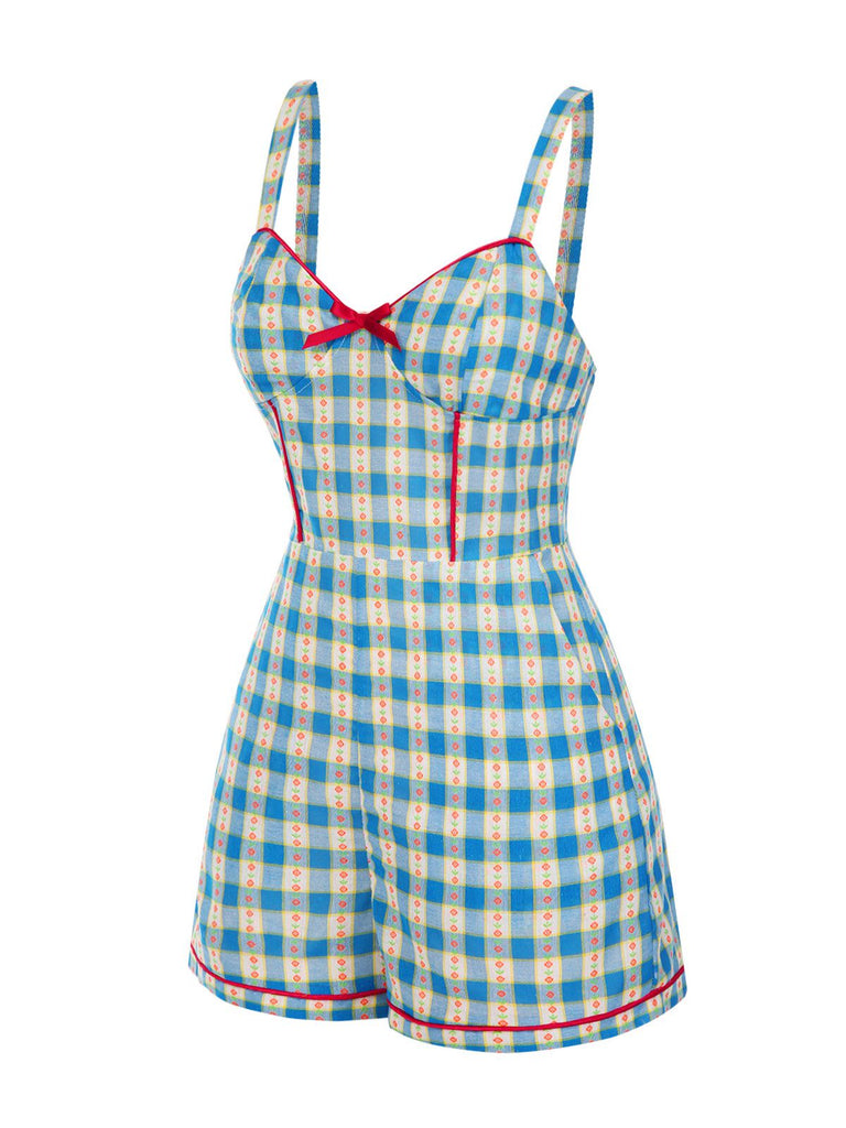 Blau 1950er Bogen Gingham Plaid Blumen Romper