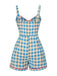Blau 1950er Bogen Gingham Plaid Blumen Romper