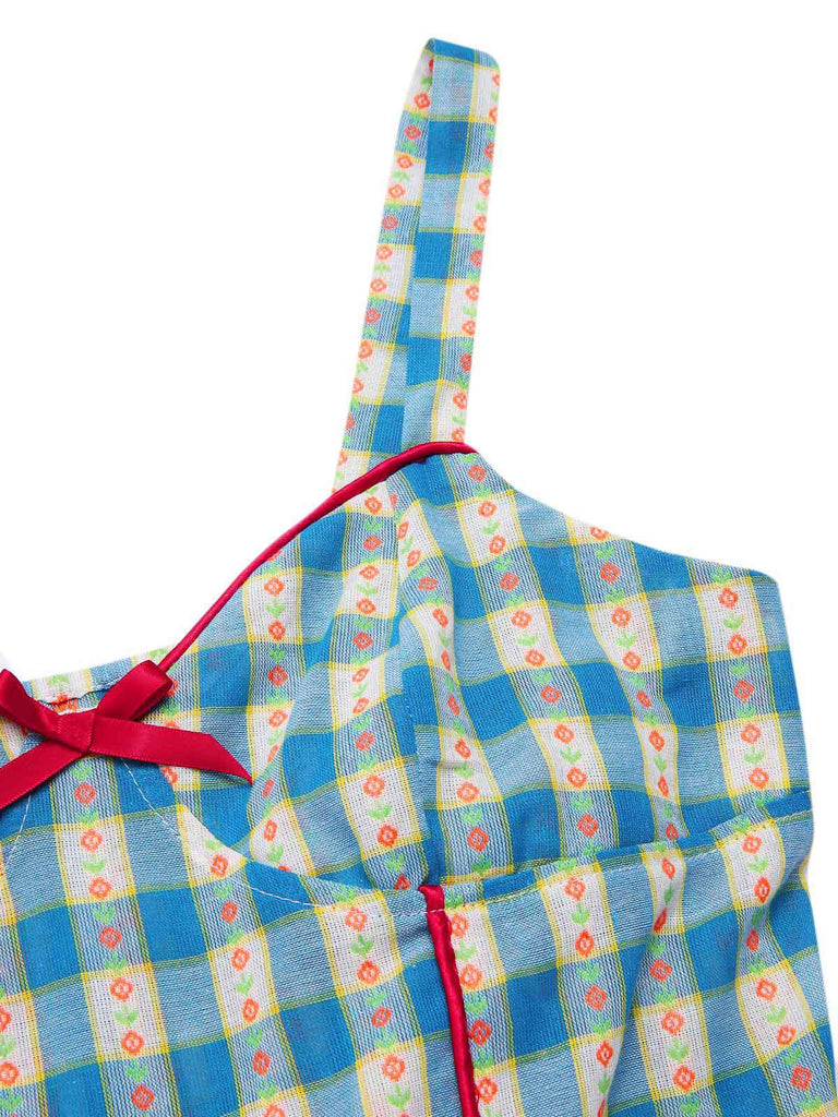 Blau 1950er Bogen Gingham Plaid Blumen Romper