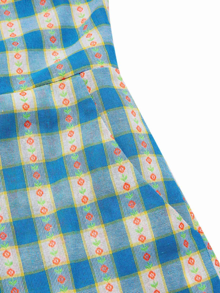 Blau 1950er Bogen Gingham Plaid Blumen Romper