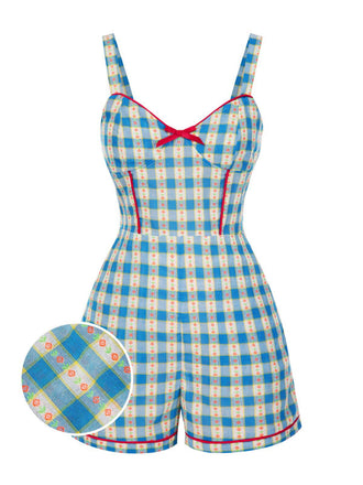 Blau 1950er Bogen Gingham Plaid Blumen Romper