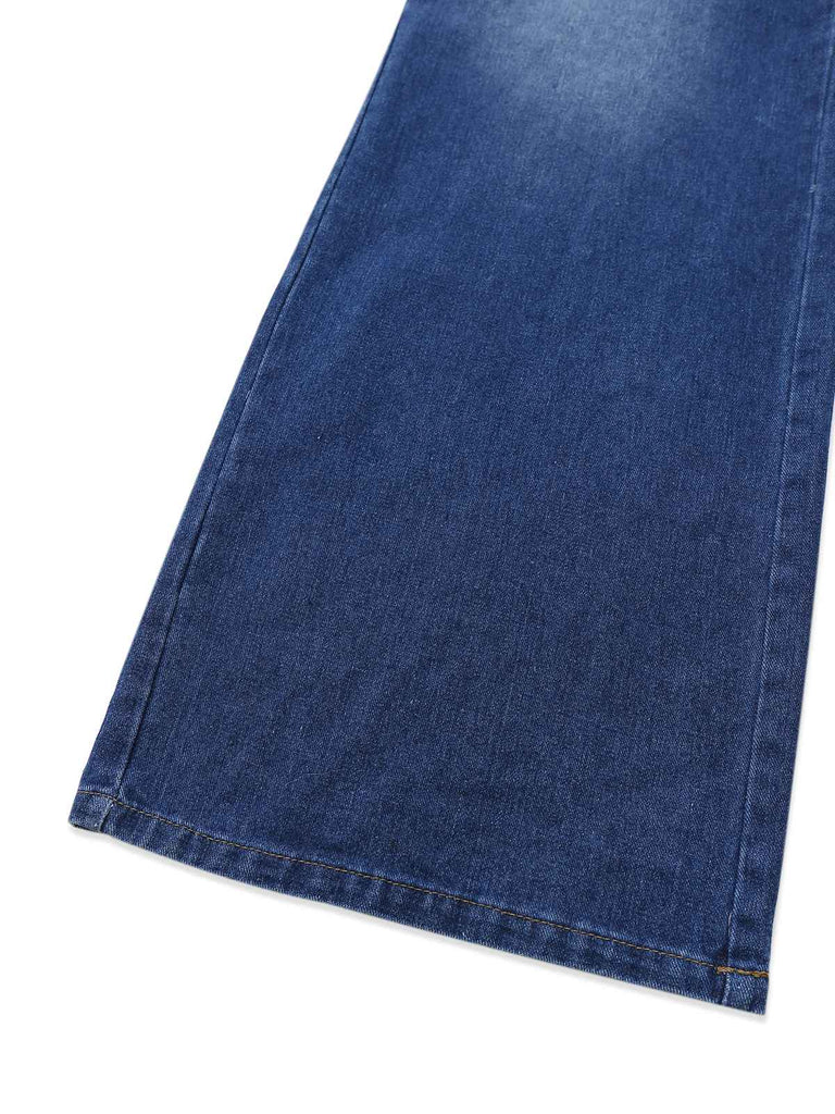 Blau 1930er Revers Ärmellos Weites Bein Denim Jumpsuit