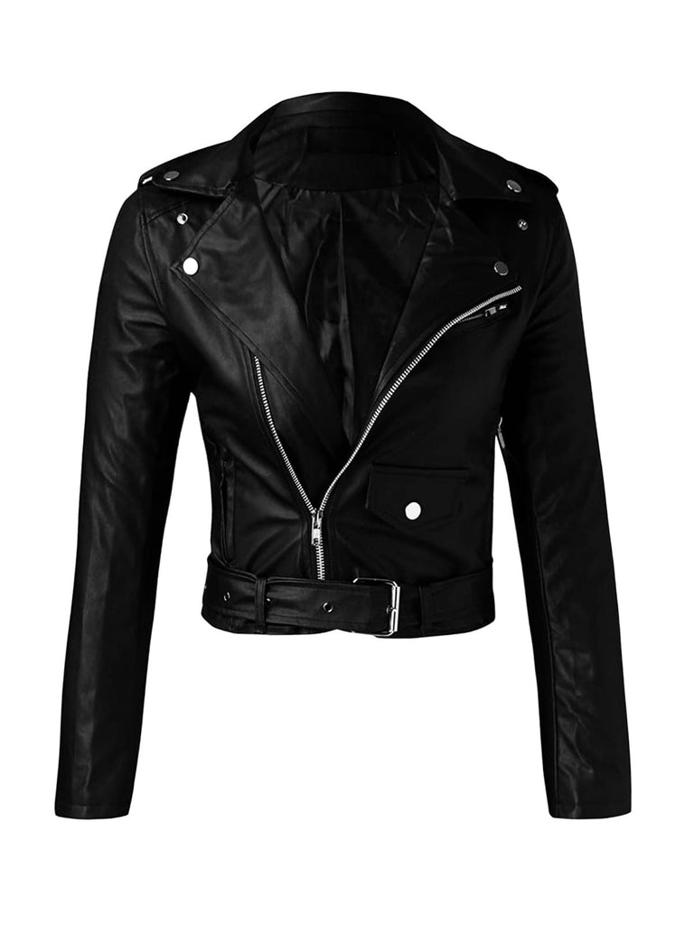 1980er Solide Revers PU Leder Gürtel Kurze Jacke