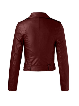 Rotes 1980er Solide Revers PU Leder Gürtel Kurze Jacke