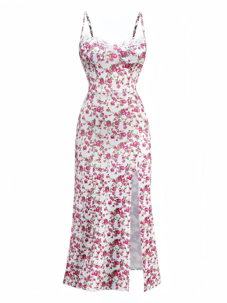 Weiß 1940er Kleine Blumen Rose Schlitz Slip Kleid