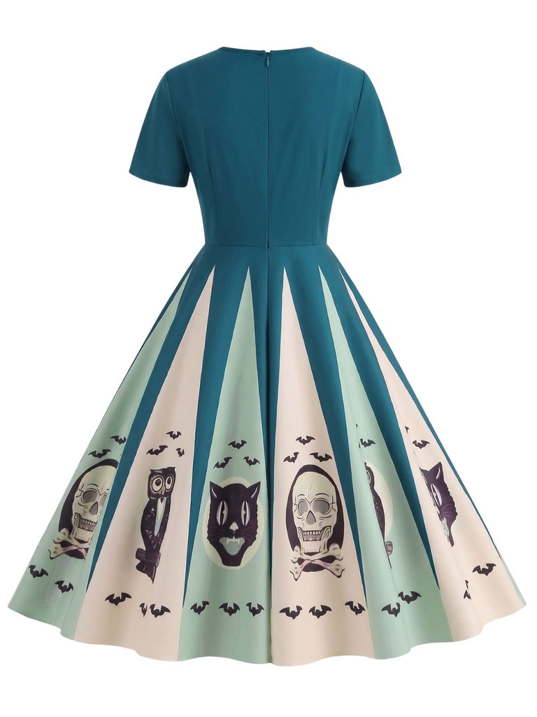[Vorverkauf] Blau 1950er Halloween Spinnennetz Druck Patchwork Kleid