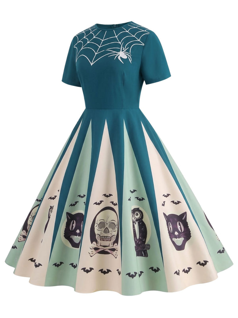[Vorverkauf] Blau 1950er Halloween Spinnennetz Druck Patchwork Kleid