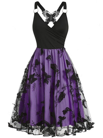 1950er 3D-Schmetterling Besticktes Patchwork Kleid