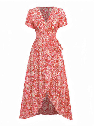 Rot 1940er Boho Blumen Wickel Kleid