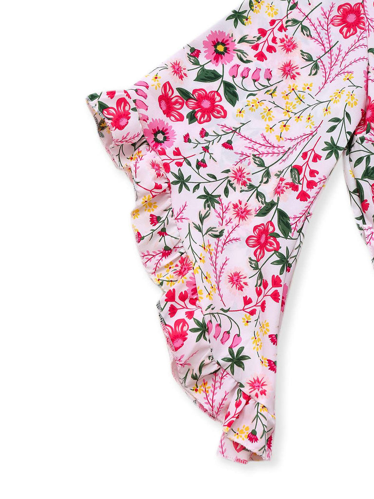 Rosa 1940er Volantärmel V-Ausschnitt Blumen Kleid