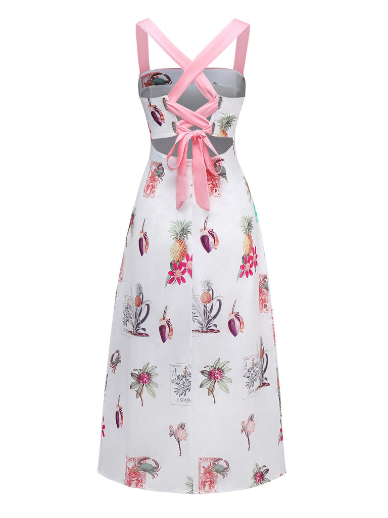 Rosa 1960er Tropisch Drucke Raffhalter Träger Kleid