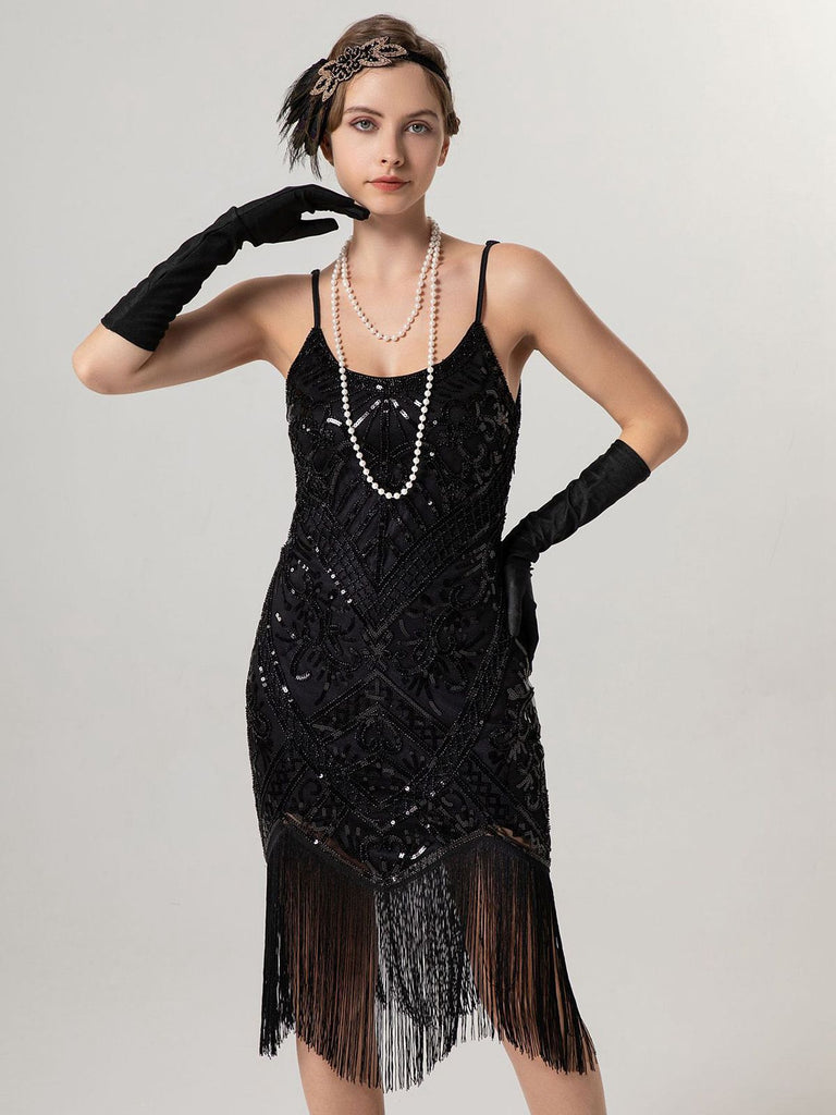 1920er Spaghetti Träger Pailletten Quaste Flapper Kleid