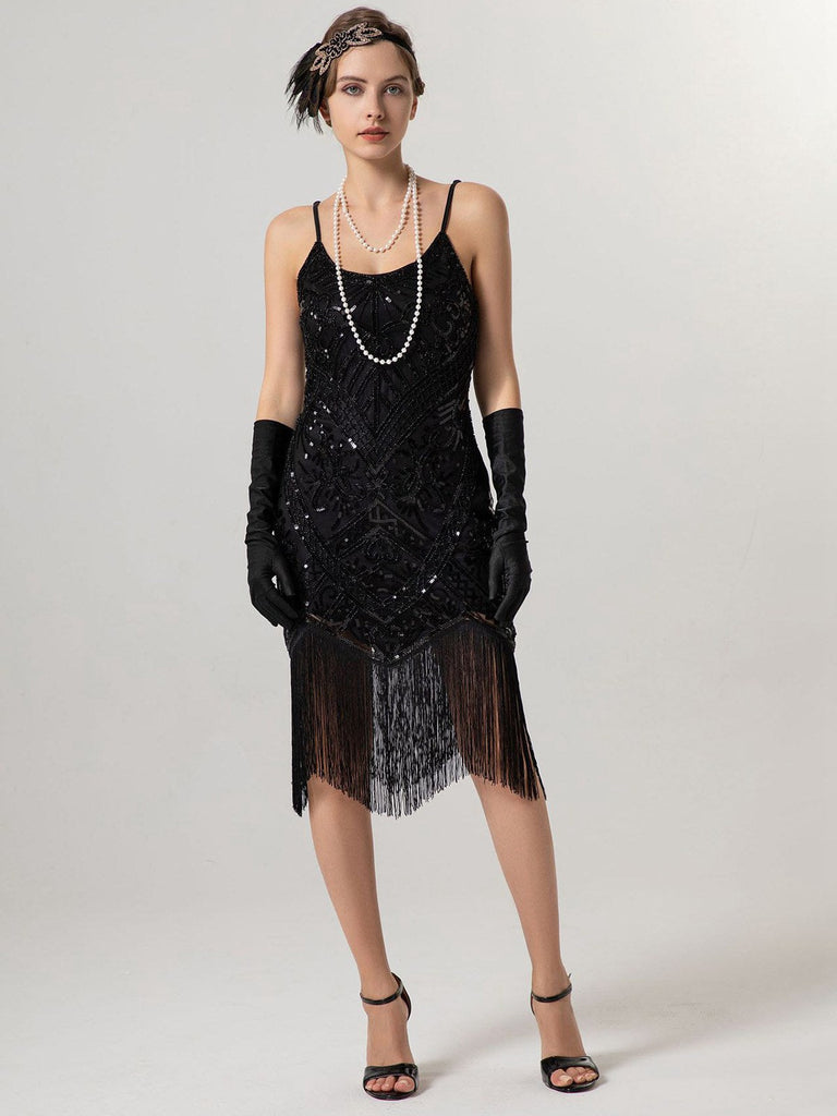 1920er Spaghetti Träger Pailletten Quaste Flapper Kleid