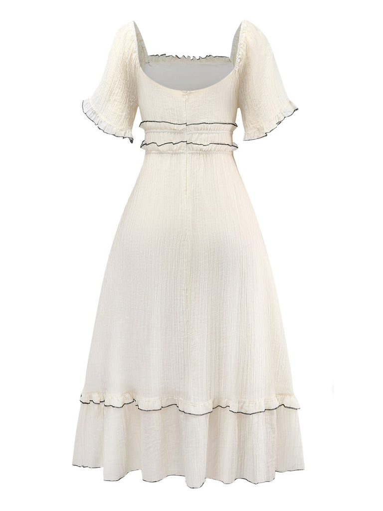 Aprikose 1930er Quadratischer Hals Strukturiert Bindung Kleid