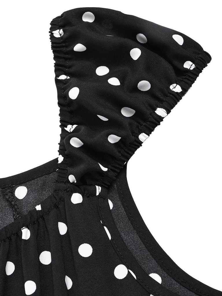 1940er Quadratischer Hals Polka Dot Rüschen Kleid