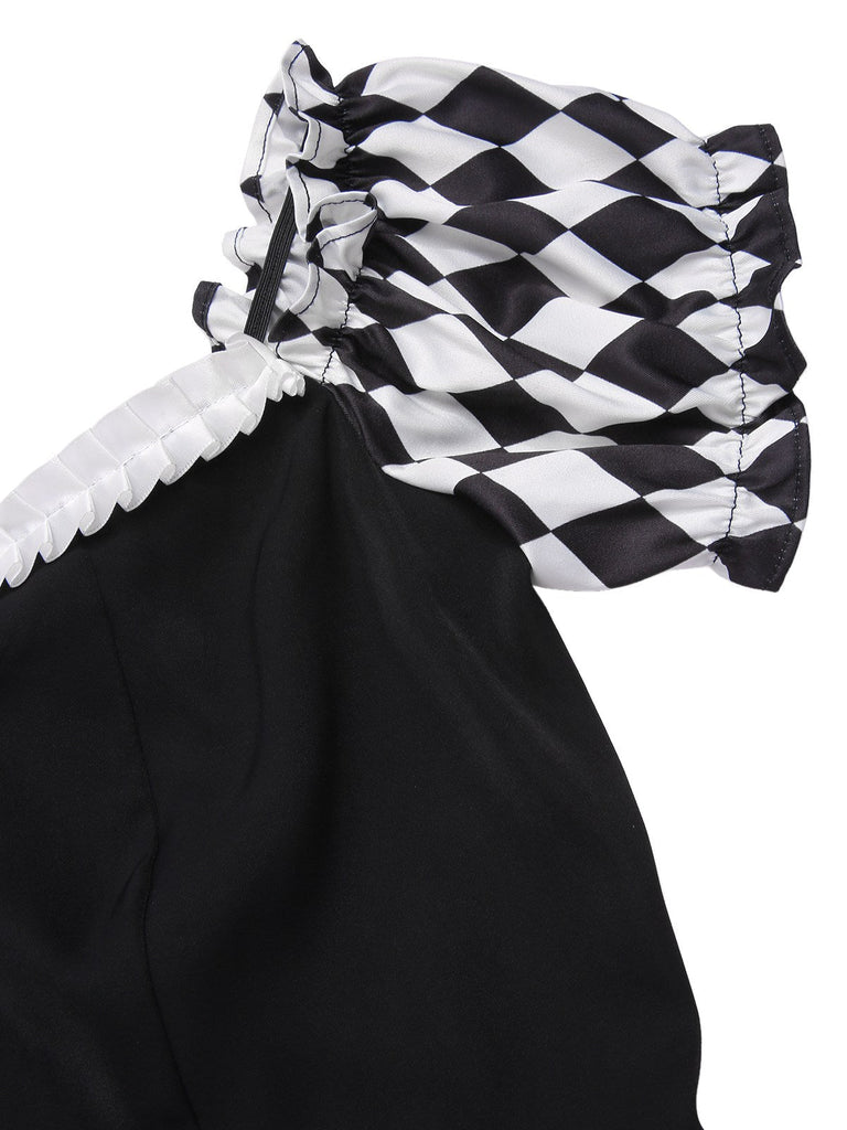 Schwarz 1950er Halloween Check Kleid & Leder Korsett