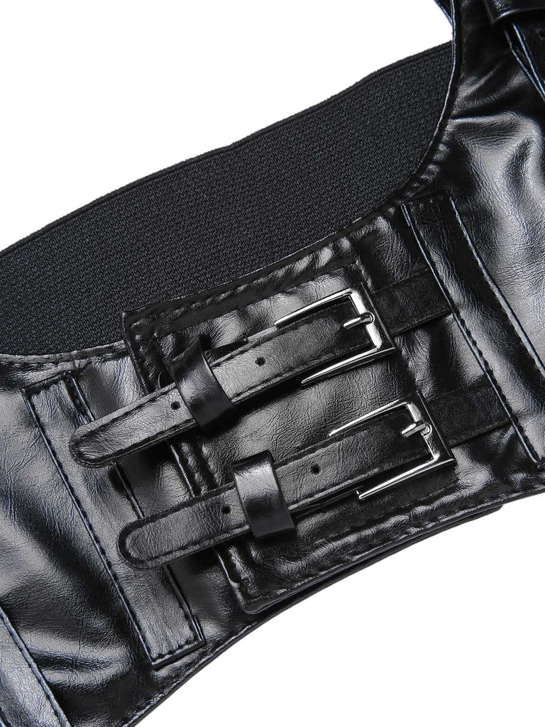 Schwarz 1950er Halloween Check Kleid & Leder Korsett