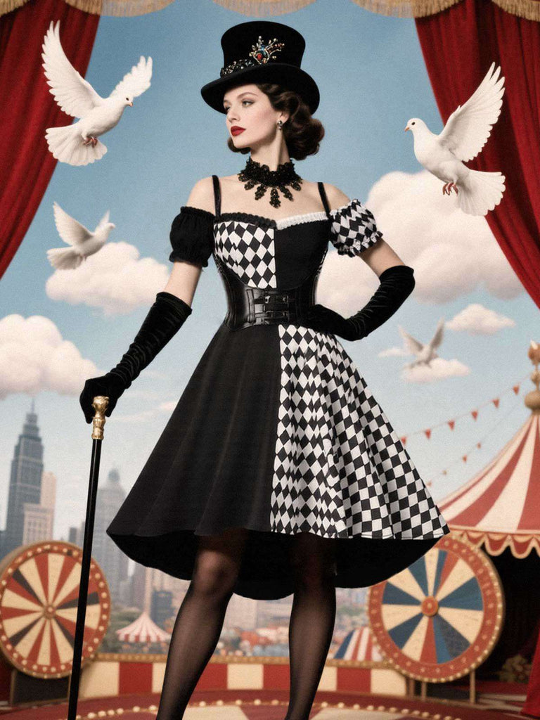 Schwarz 1950er Halloween Check Kleid & Leder Korsett