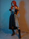 Schwarz 1950er Halloween Check Kleid & Leder Korsett