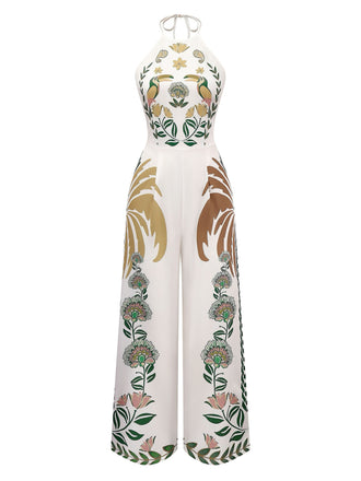 1970er Boho Blumen Zurück Schnürung Patchwork Jumpsuit