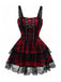 Rot 1980er Gothic Spitze Patchwork Plaid Kleid