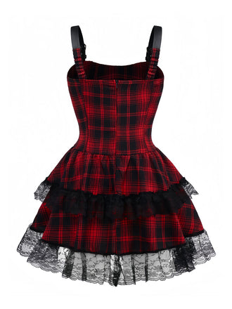 Rot 1980er Gothic Spitze Patchwork Plaid Kleid