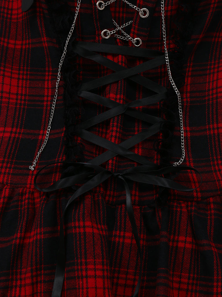 Rot 1980er Gothic Spitze Patchwork Plaid Kleid