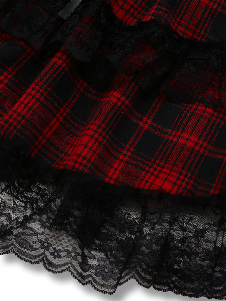Rot 1980er Gothic Spitze Patchwork Plaid Kleid
