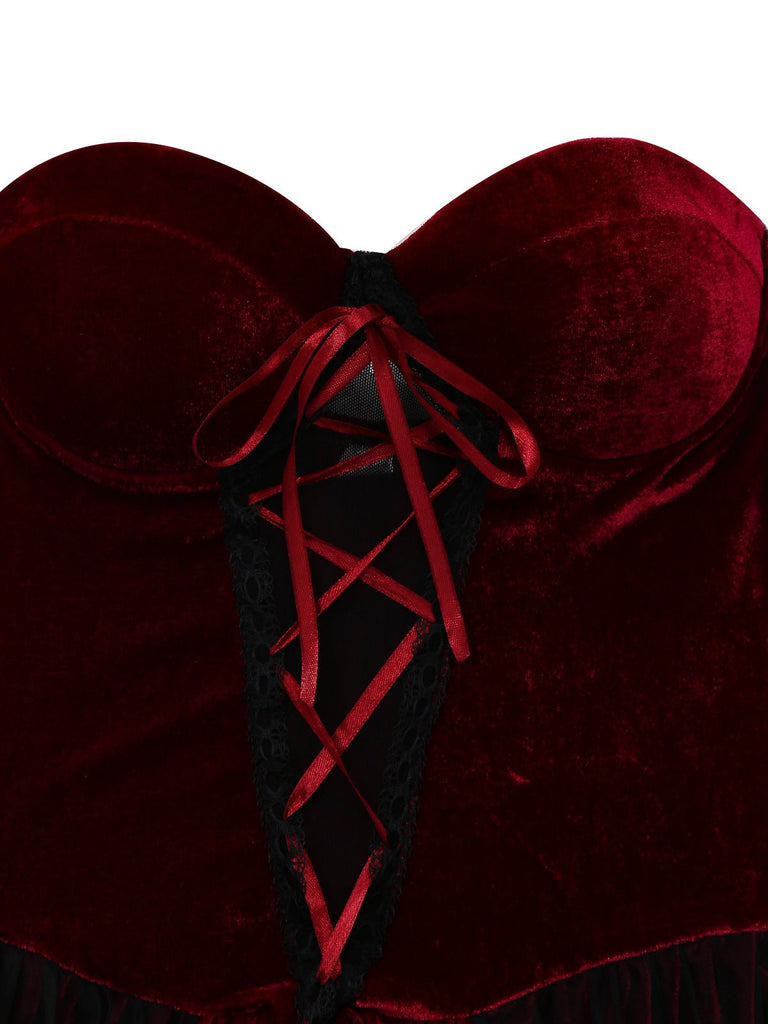 Burgund 1960er Gothic Netz Trägerlos Irregulär Saum Kleid