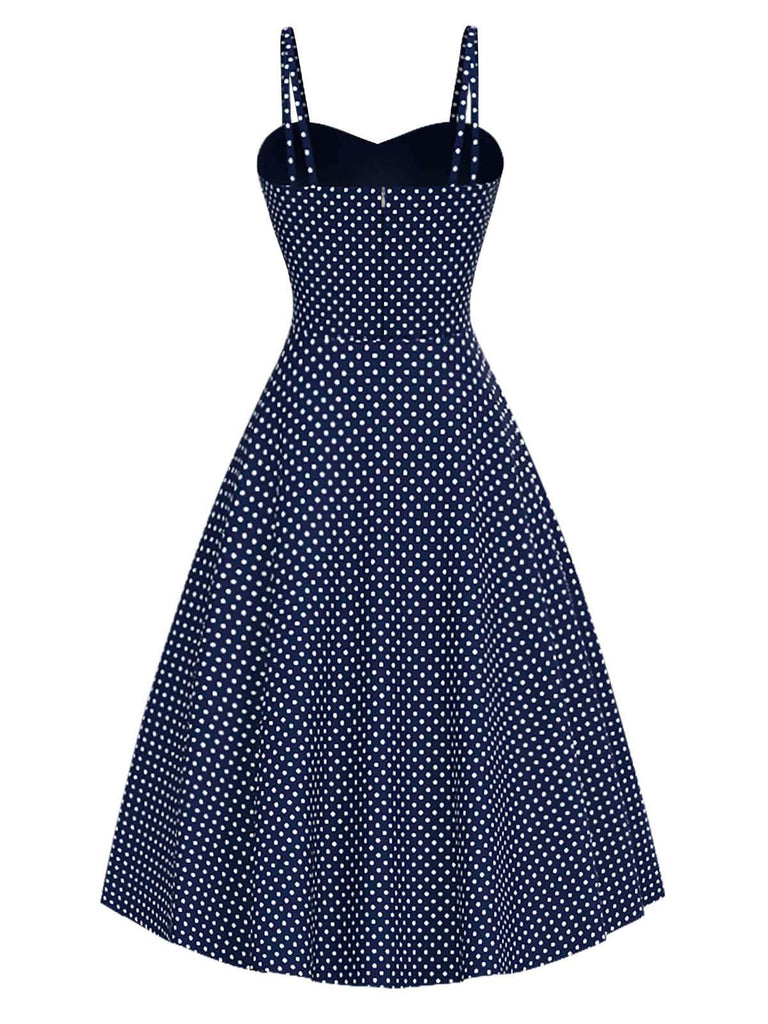 Blau 1950er Besticktes Blumen Tupfen Kleid