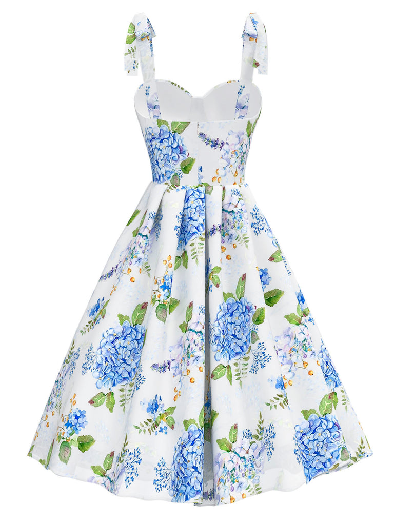Blau 1950er Blumen Organza Schulter-Ties Kleid
