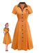 Orange 1940er Baumwolle Polka Dot Revers Bogen Kleid