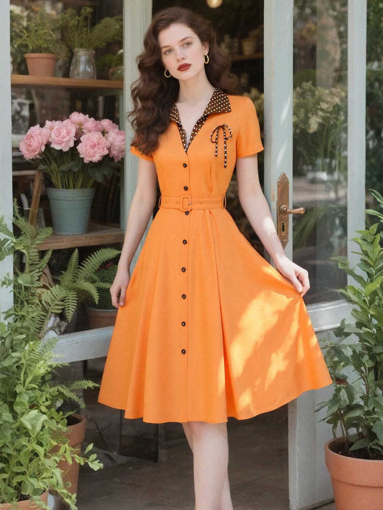 Orange 1940er Baumwolle Polka Dot Revers Bogen Kleid