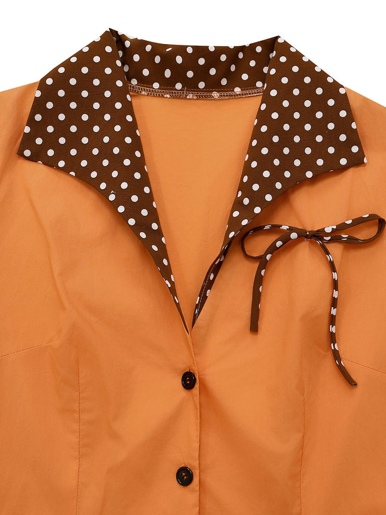 Orange 1940er Baumwolle Polka Dot Revers Bogen Kleid