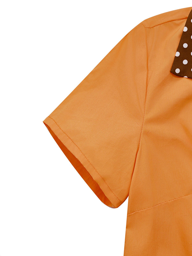 Orange 1940er Baumwolle Polka Dot Revers Bogen Kleid