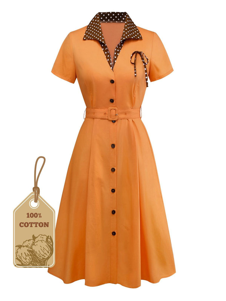 Orange 1940er Baumwolle Polka Dot Revers Bogen Kleid