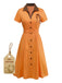 Orange 1940er Baumwolle Polka Dot Revers Bogen Kleid