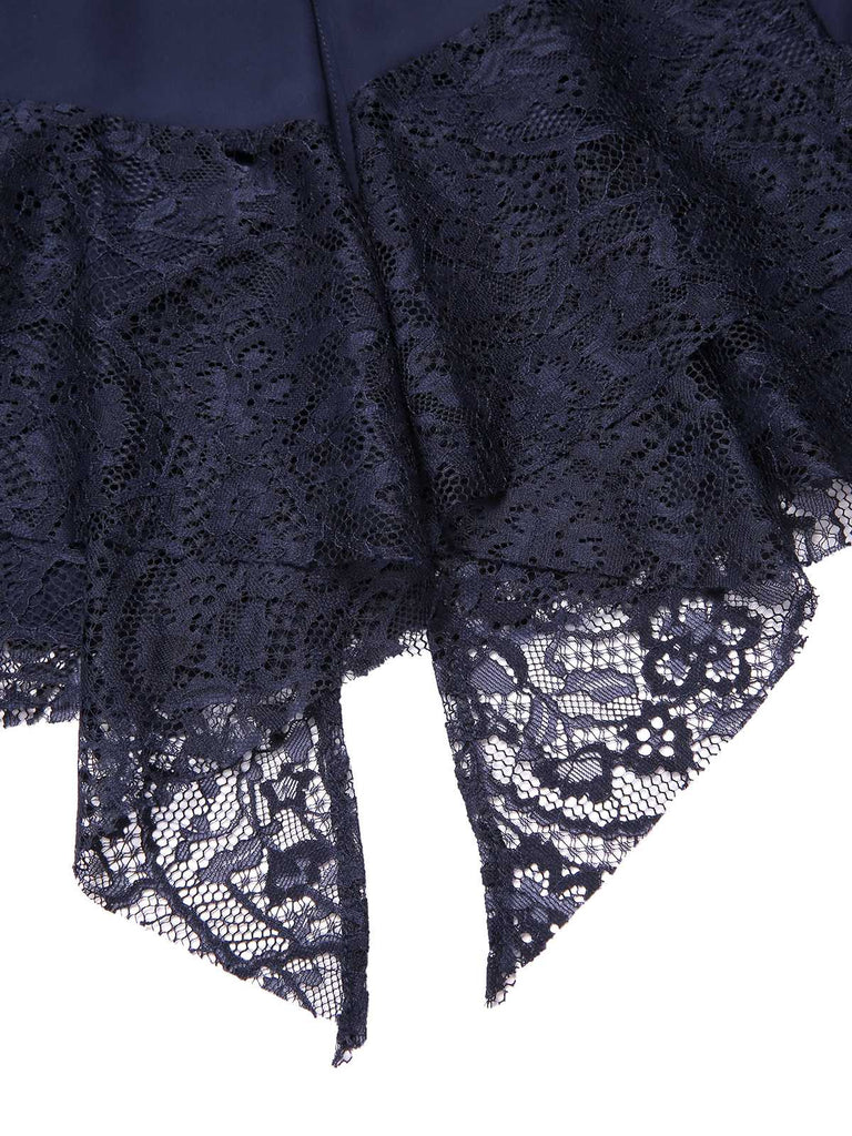 Blau 1920er Spitze Patchwork Strassstein Kleid