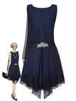 Blau 1920er Spitze Patchwork Strassstein Kleid