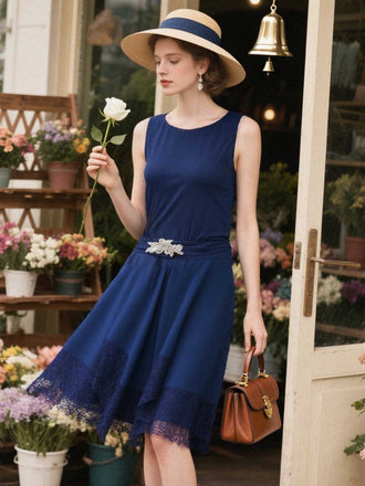 Blau 1920er Spitze Patchwork Strassstein Kleid